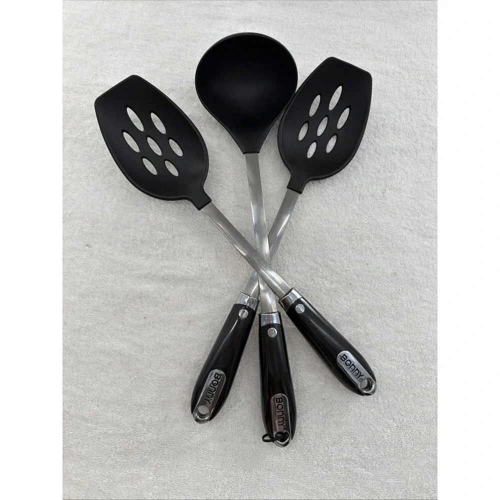 3 Piece Bonny Ergonomic Nylon Metal Plastic Black Serving Spoons Utensils